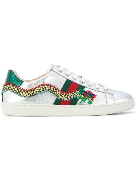 gucci men's ace embroidered dragon silver leather low top sneaker|ace embroidered silver dragon.